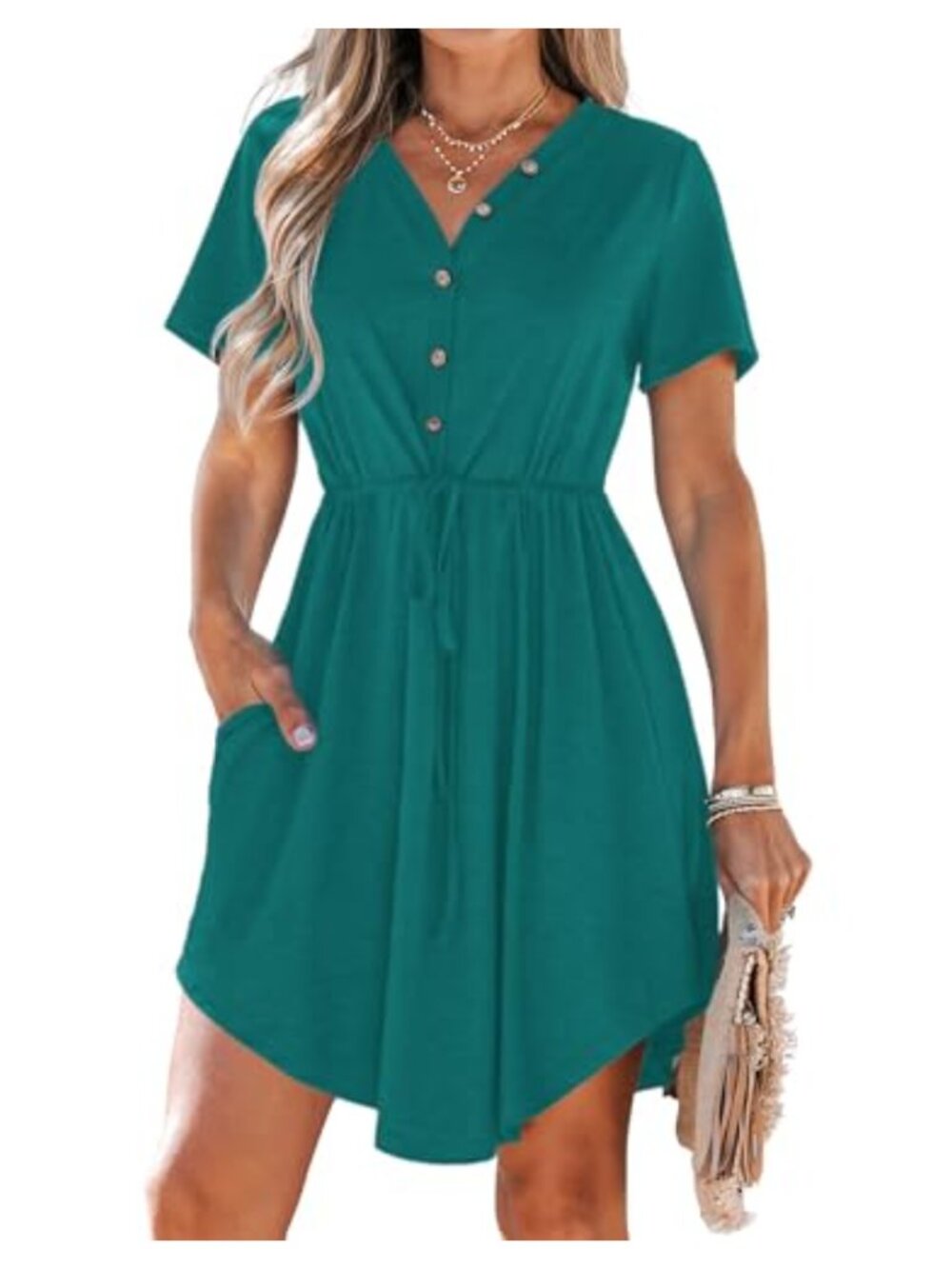 Women Summer Mini Dress Short Sleeve V Neck Casual Swing Sundress with Pockets